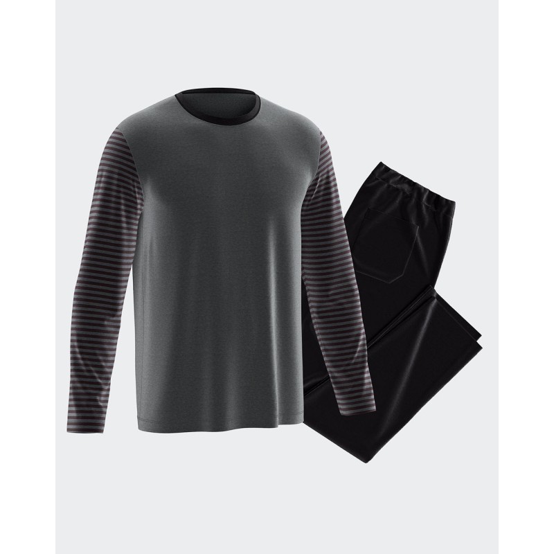 Pyjama gris manches rayées rouge velours Impetus