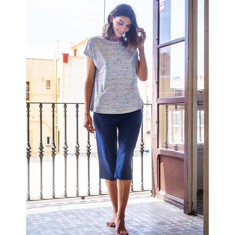 Pyjama court bleu rayé imprimé étoiles Vania