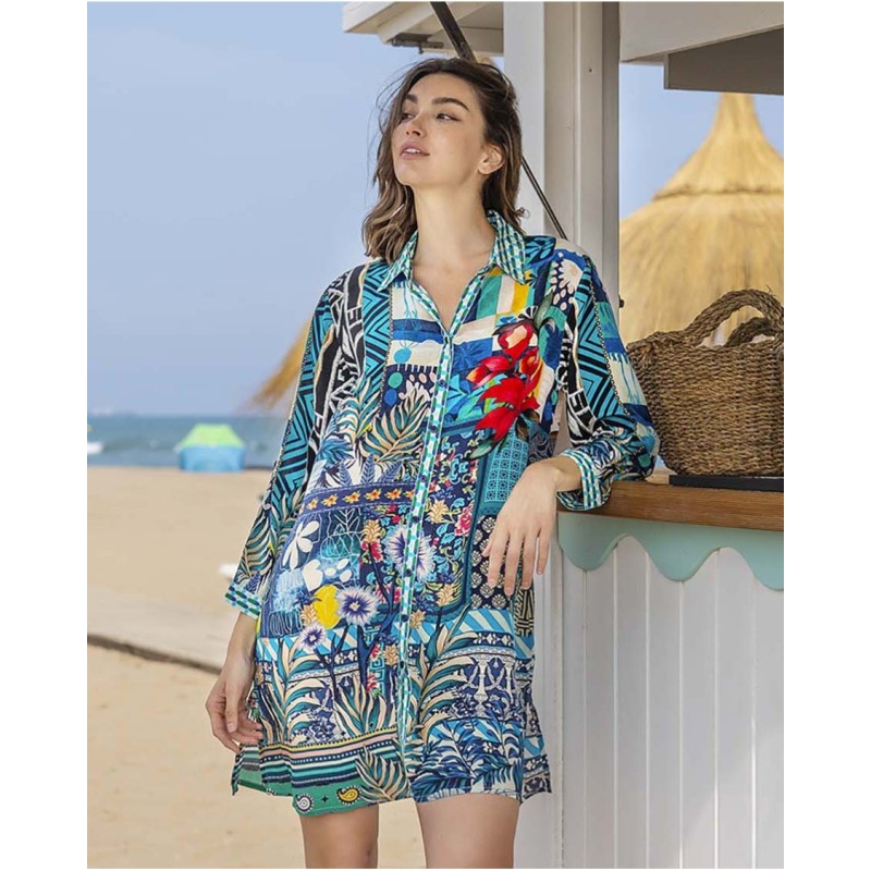 Robe manche 3/4 en viscose bleu imprimée feuillage Vania