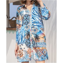 Robe en viscose bleu ciel imprimée feuillage Vania