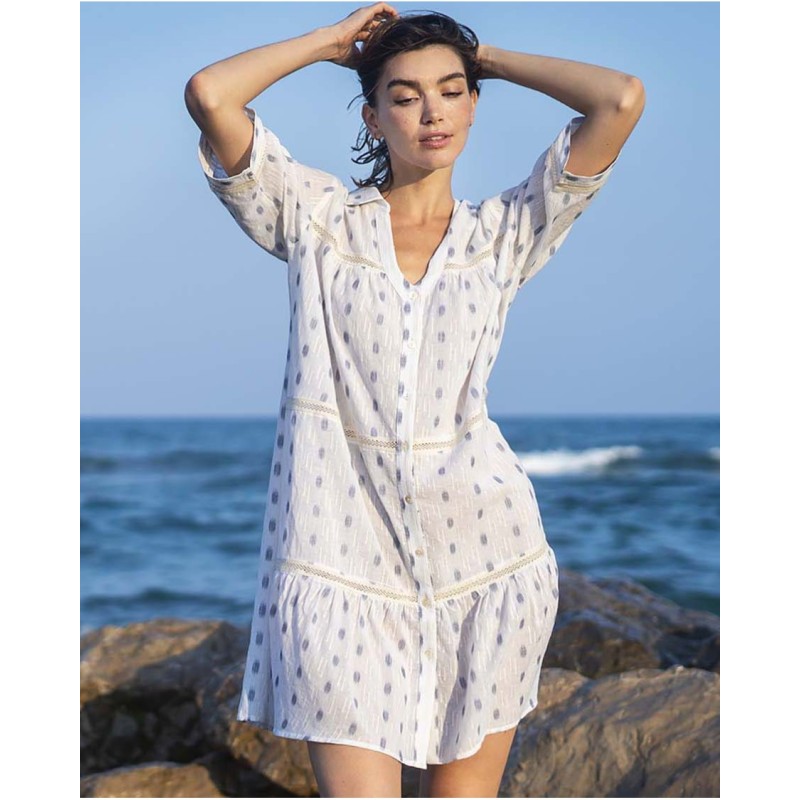 Robe manches 3/4 100% coton blanc à motifs Vania