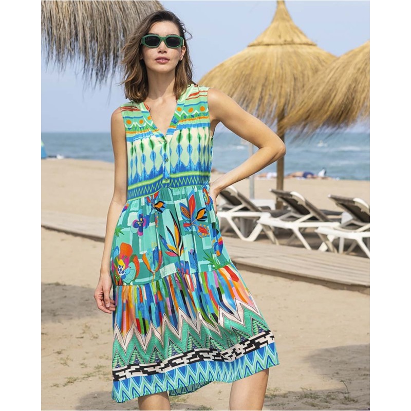 Robe en viscose vert à motifs