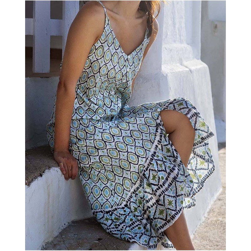 Robe longue bleu ciel motifs géométriques Vania