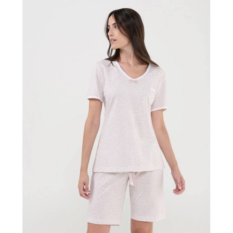 Pyjama court en coton beige imprimé camel Lohé